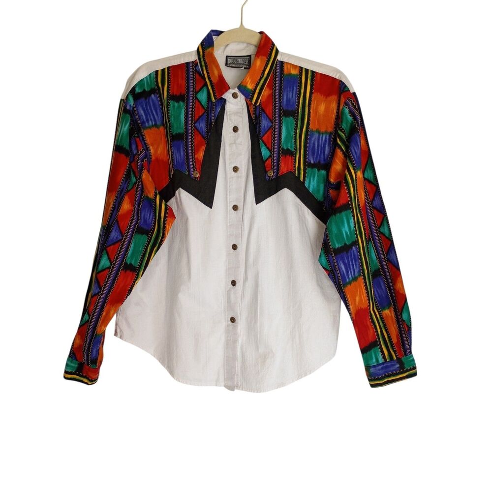!980's Rough Rider Western Shirt Women's Sz L Aztec Print Southwest Button Front